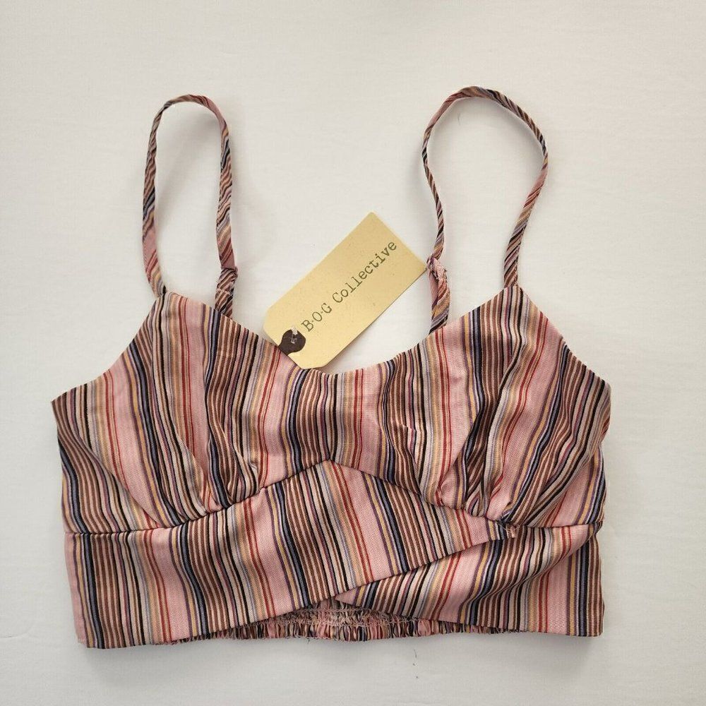 BOG Collective XS - Womens Pink Smocked Sleeveless‎ Straps Striped Cropped Top